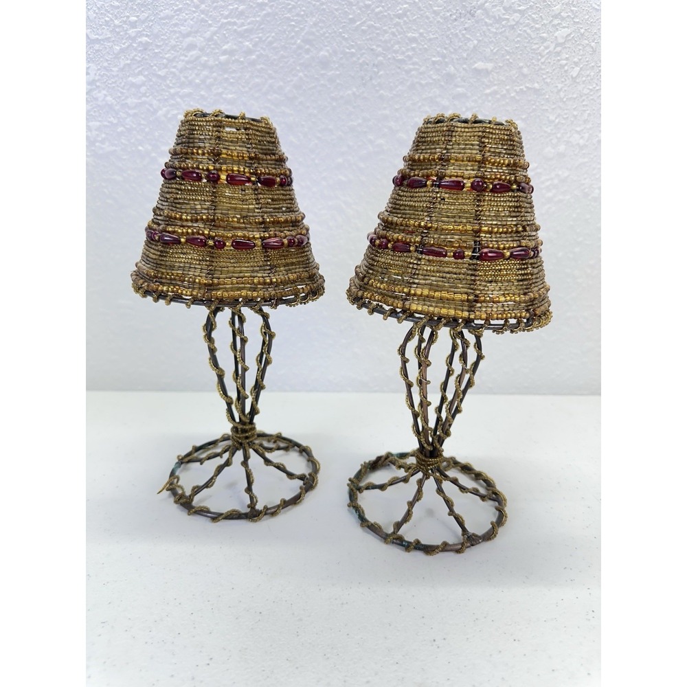 Pair Beaded Tea Light Candle Holders Glass Seed Beads Wire Metal Boho Decor
